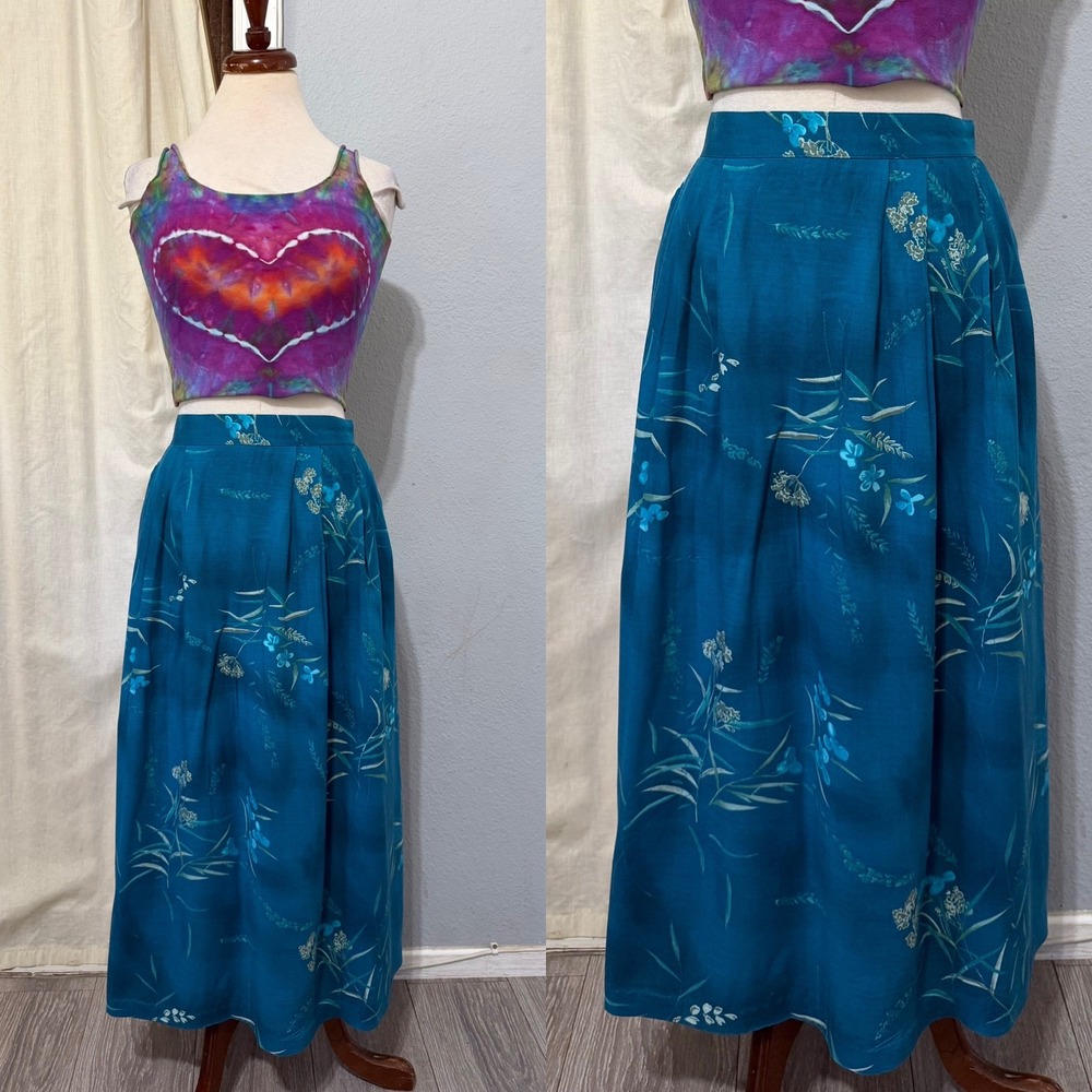 Bentley Plus Vintage 90s Size L Midi Skirt Teal Floral Rayon Pockets High Waist